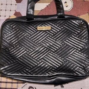 Adrienne Vittadini Black Quilted Leather Laptop Bag with Gold Plaque